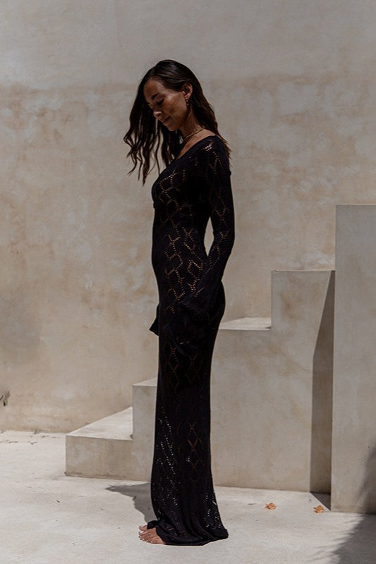 Sheer Knit Turtleneck Maxi Boho Dress