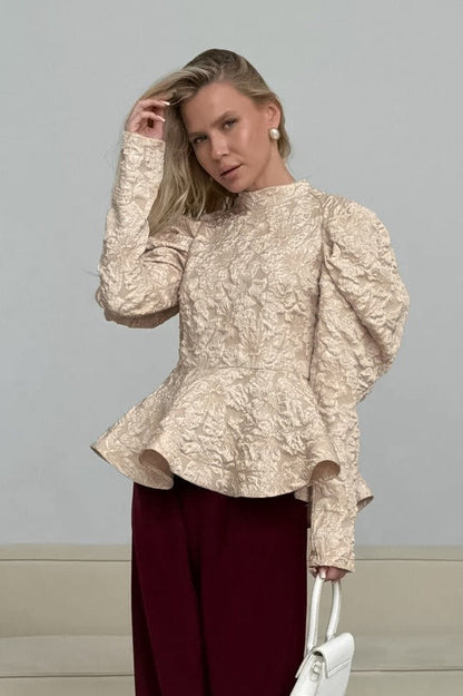 Textured Puff Sleeve Peplum Top