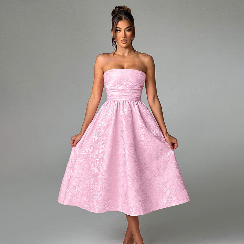 Strapless Jacquard A-Line Midi Dress - Chiccharm