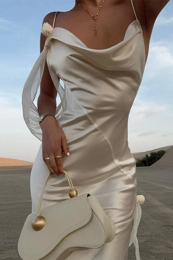 Elegant White Satin Backless Maxi Dress
