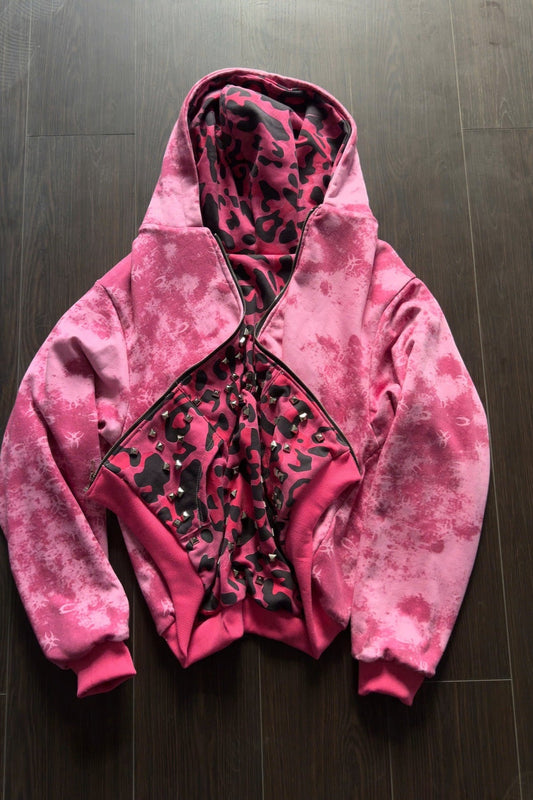 Washed Leopard Lined Zip Front Hoodie