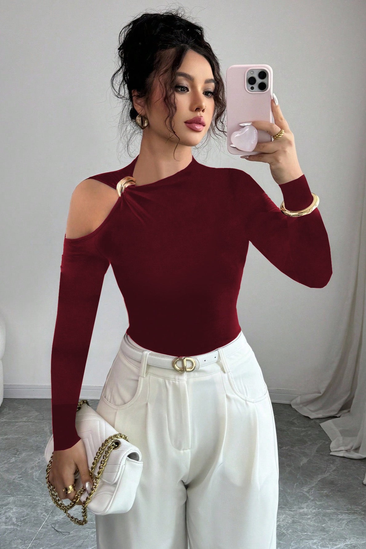 One Shoulder Metal Accent Cutout Top