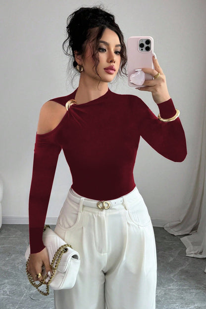 One Shoulder Metal Accent Cutout Top