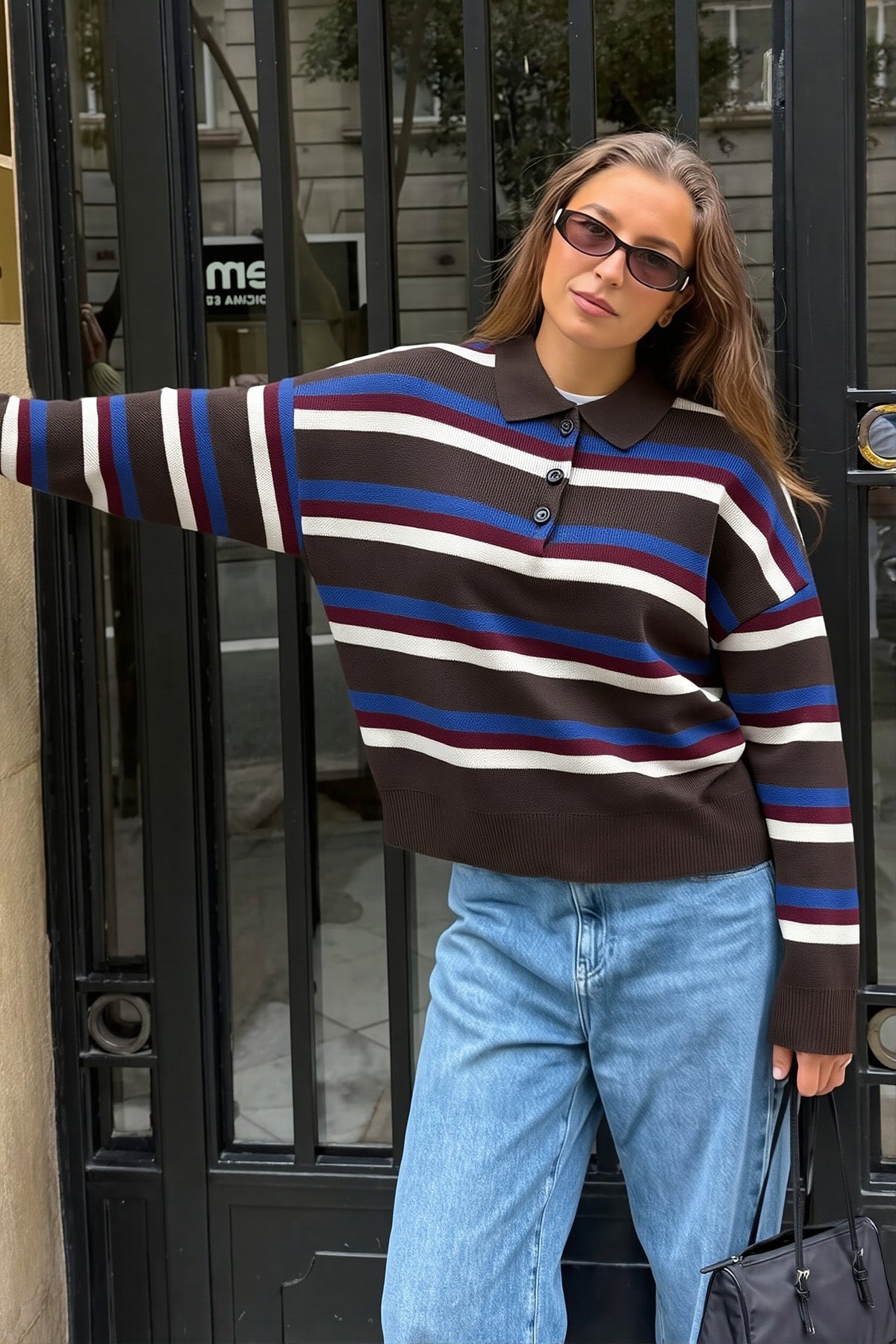 Striped Polo Collar Relaxed Sweater