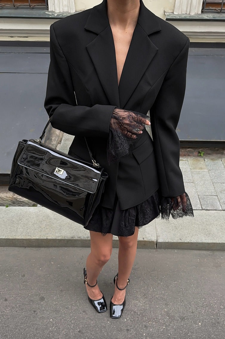 Black Lace Panel Blazer Jacket
