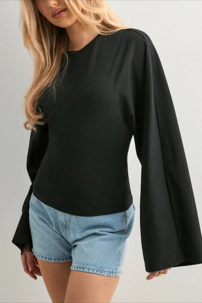 Cinched Waist Bell Sleeve Crew Neck Tee