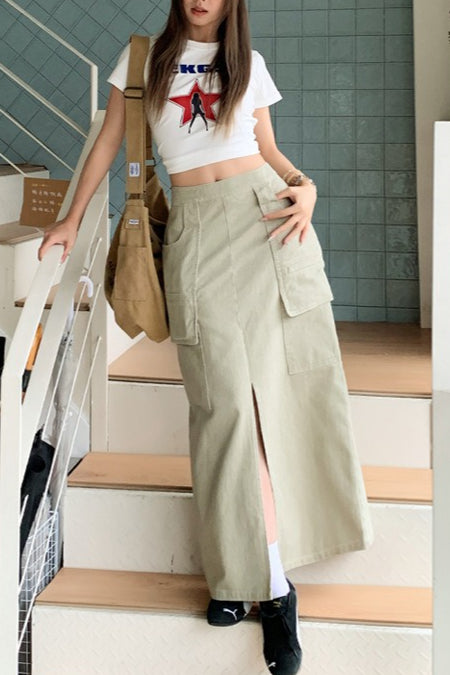 American Utility Denim Slit Midi Skirt