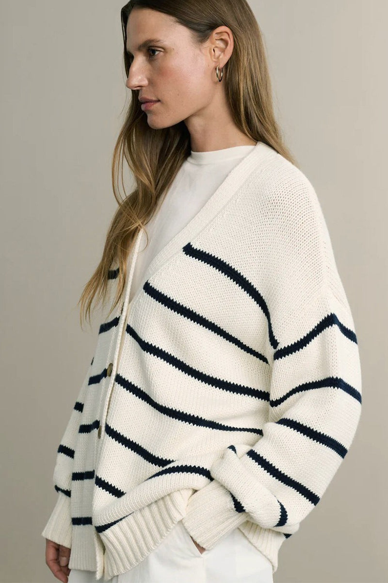 Cotton Stripe V Neck Cardigan