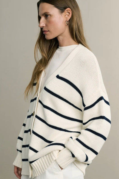 Cotton Stripe V Neck Cardigan