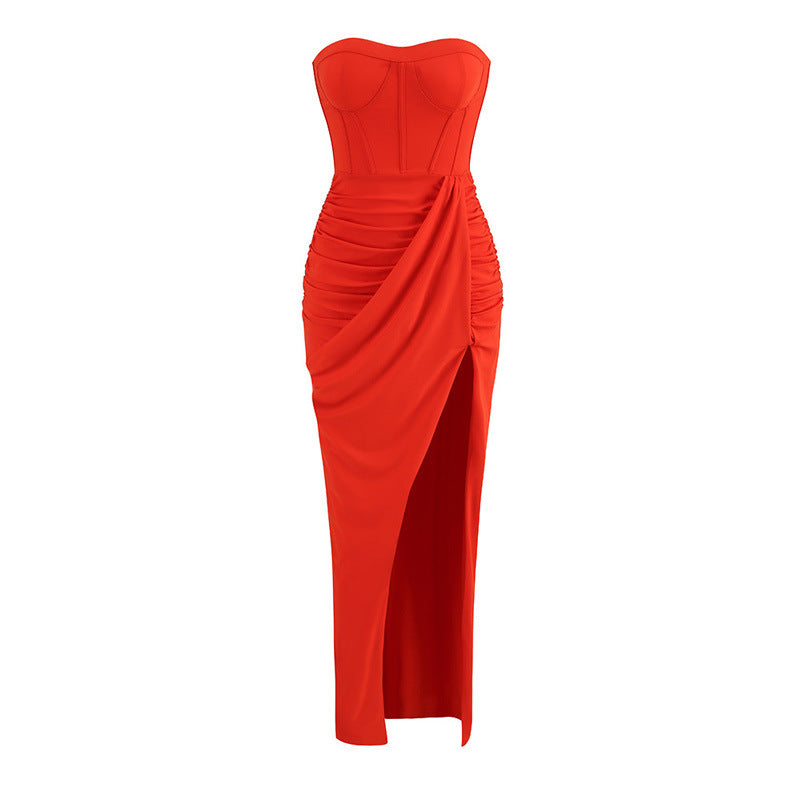 Draped Bustier Maxi Dress With Split
