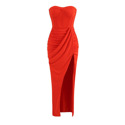 Draped Bustier Maxi Dress With Split