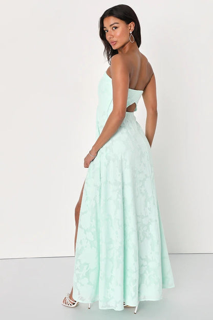 Embroidered Strapless Dress With Front Slit