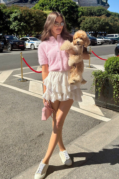 Fuzzy Short Sleeve Button Front Knit Sweater