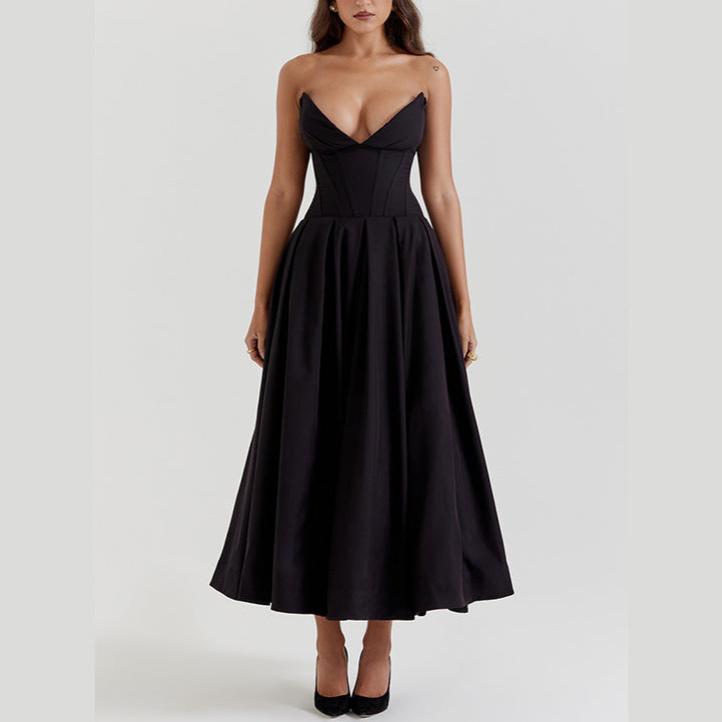 Strapless Corset Midi Ball Gown with Pockets - Chiccharm