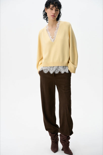 Lace Edge V Neck Relaxed Pullover Sweater