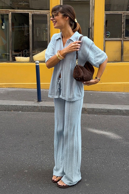 Openwork Cardigan Short Sleeve Top Pants Set