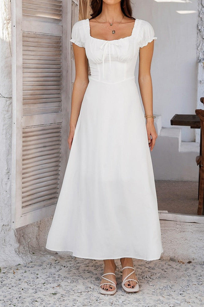 Ruched Puff Sleeve Maxi Work Dress