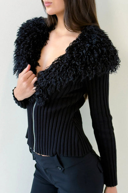 Black Plush Collar Fitted Zip Cardigan Sweater