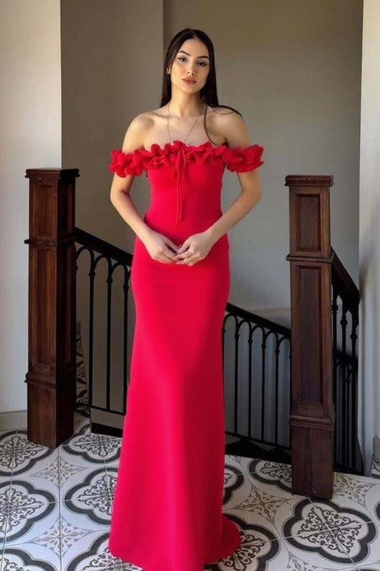 Ruffle Trim Bardot Party Dress