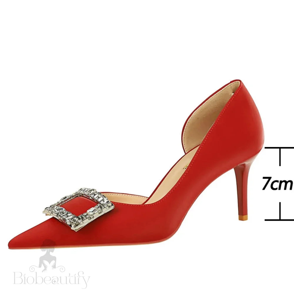 7 Cm Heels Metal Buckle Women Pumps In Silks And Satins With Kitten