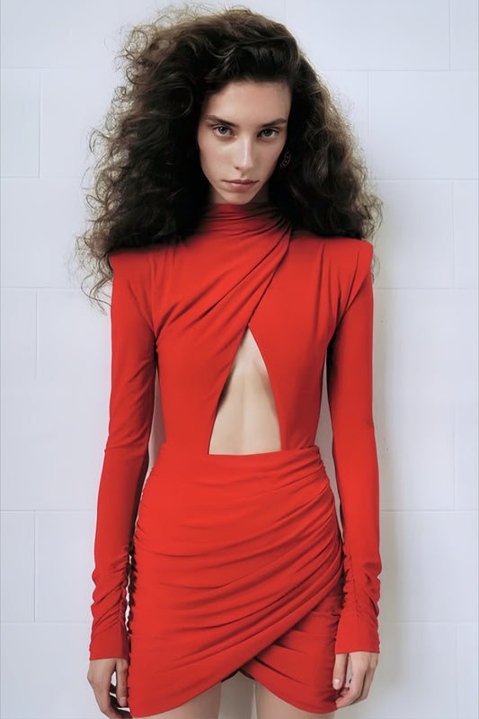 Mock Neck Cutout Ruched Bodycon Mini Party Dress