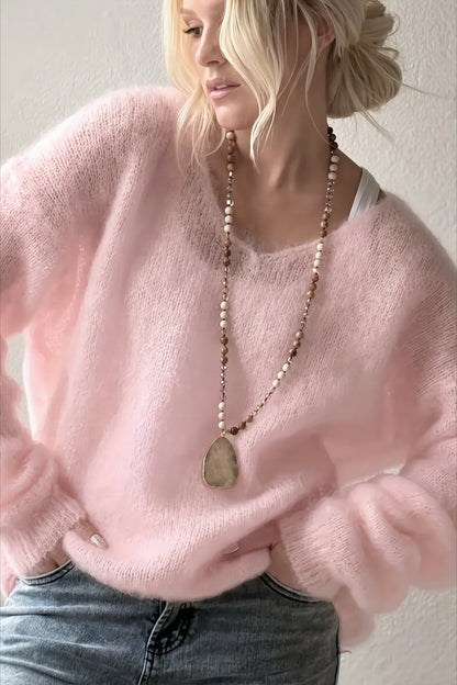 Fuzzy V Neck Relaxed Solid Knit Sweater