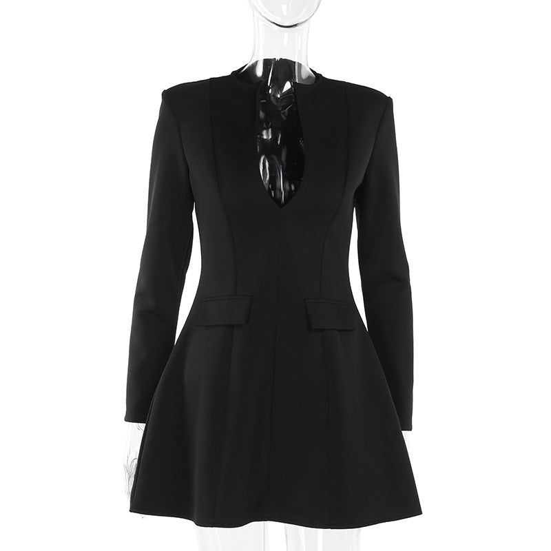 Elegant Slim Fit V-Neck Long-Sleeve Dress Black / L