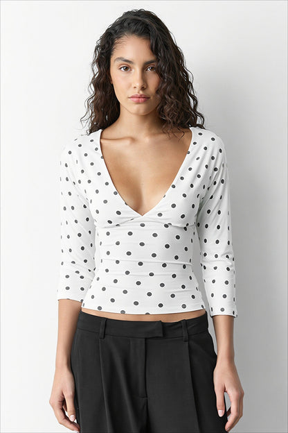 Polka Dot Ruched V Neck Long Sleeve T-shirts