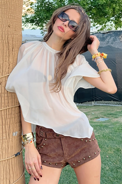 Gathered Neck Flutter Sleeve Blouse