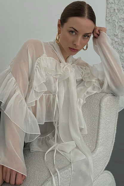 Ruffle Tie Neck Tencel Blouse