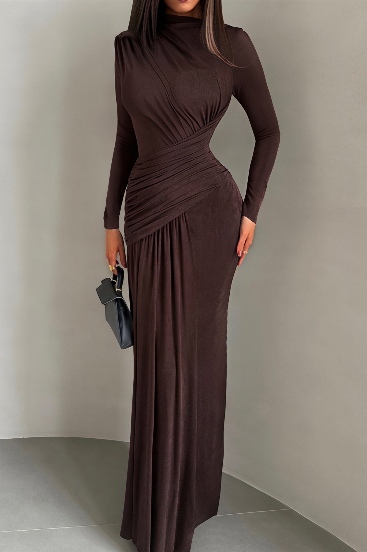 Gathered Waist Long Sleeve Draped Maxi Dress