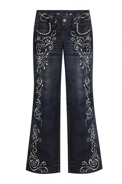 Ornate Scroll Print Washed Flare Jeans