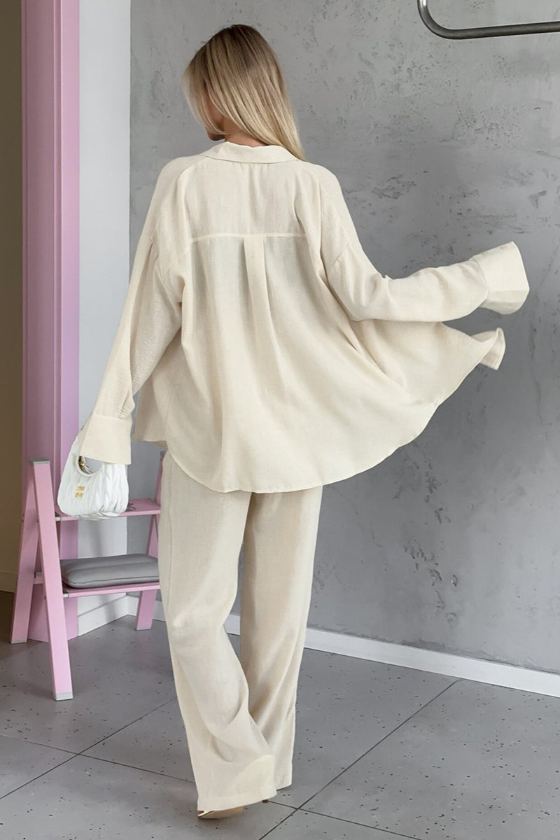 Relaxed Long Sleeve Shirt Straight Pants Set