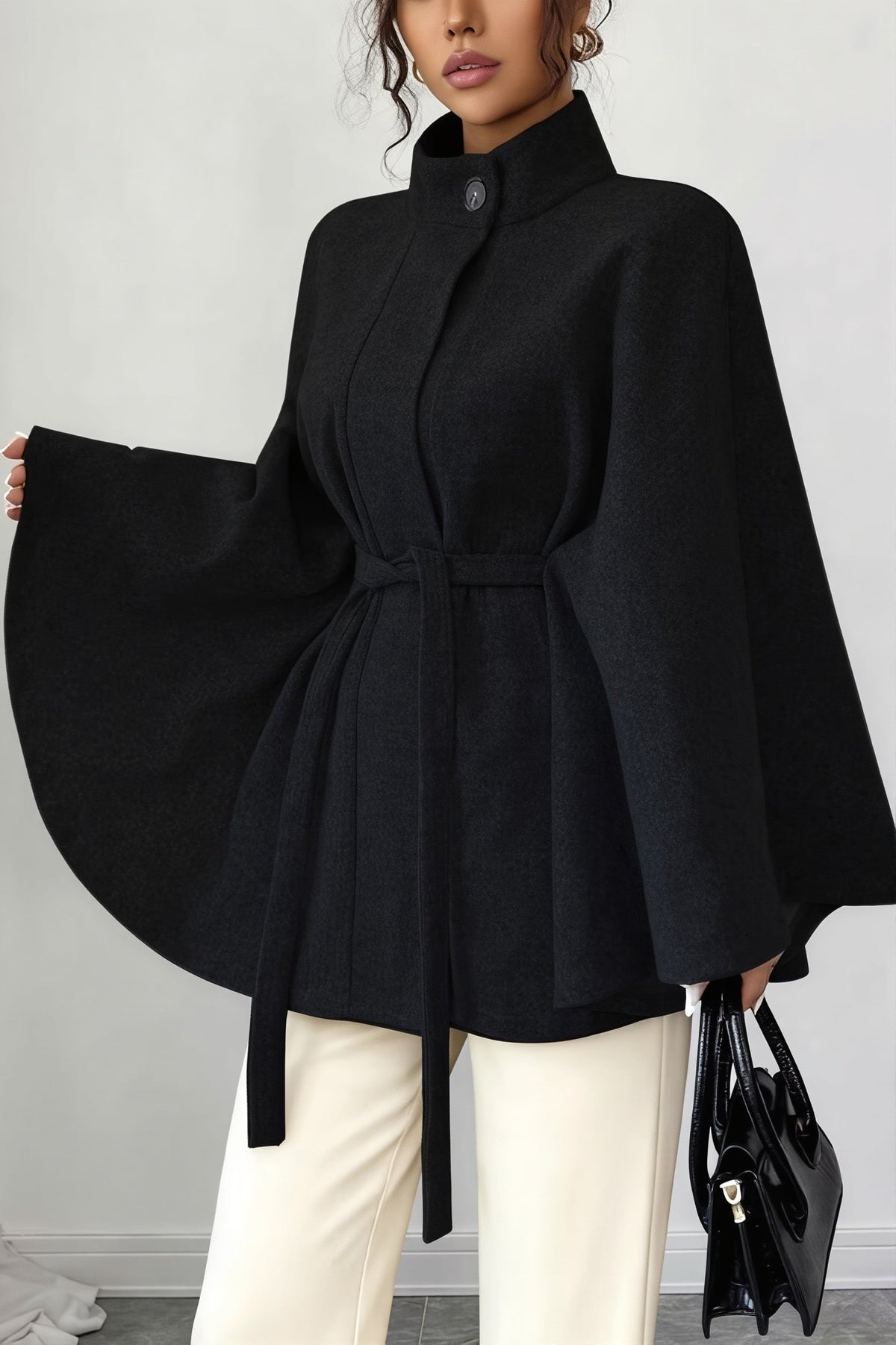 Belted Cape Sleeve Wool Look Jacket