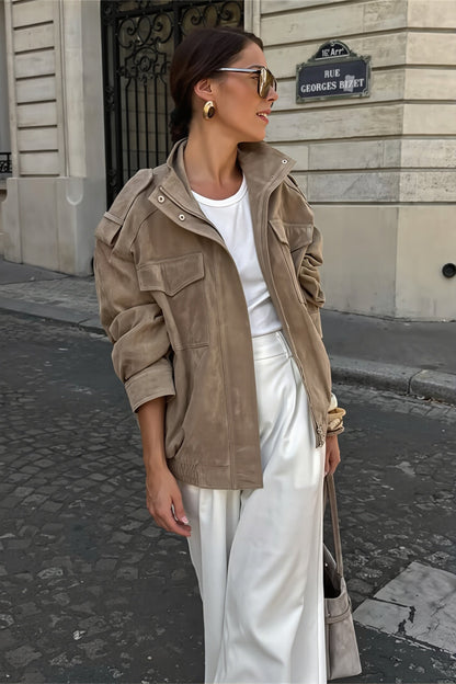 Suede Look Stand Collar Utility Bomber Jacket
