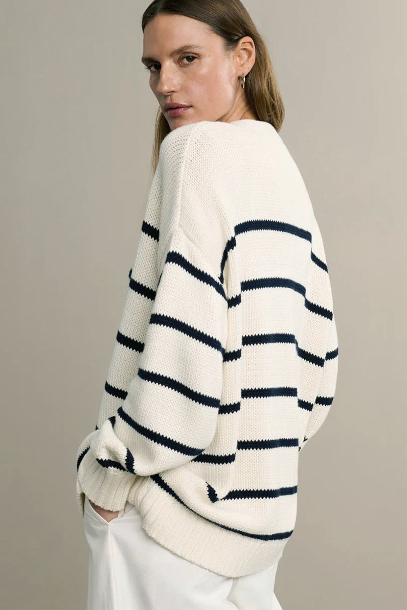 Cotton Stripe V Neck Cardigan