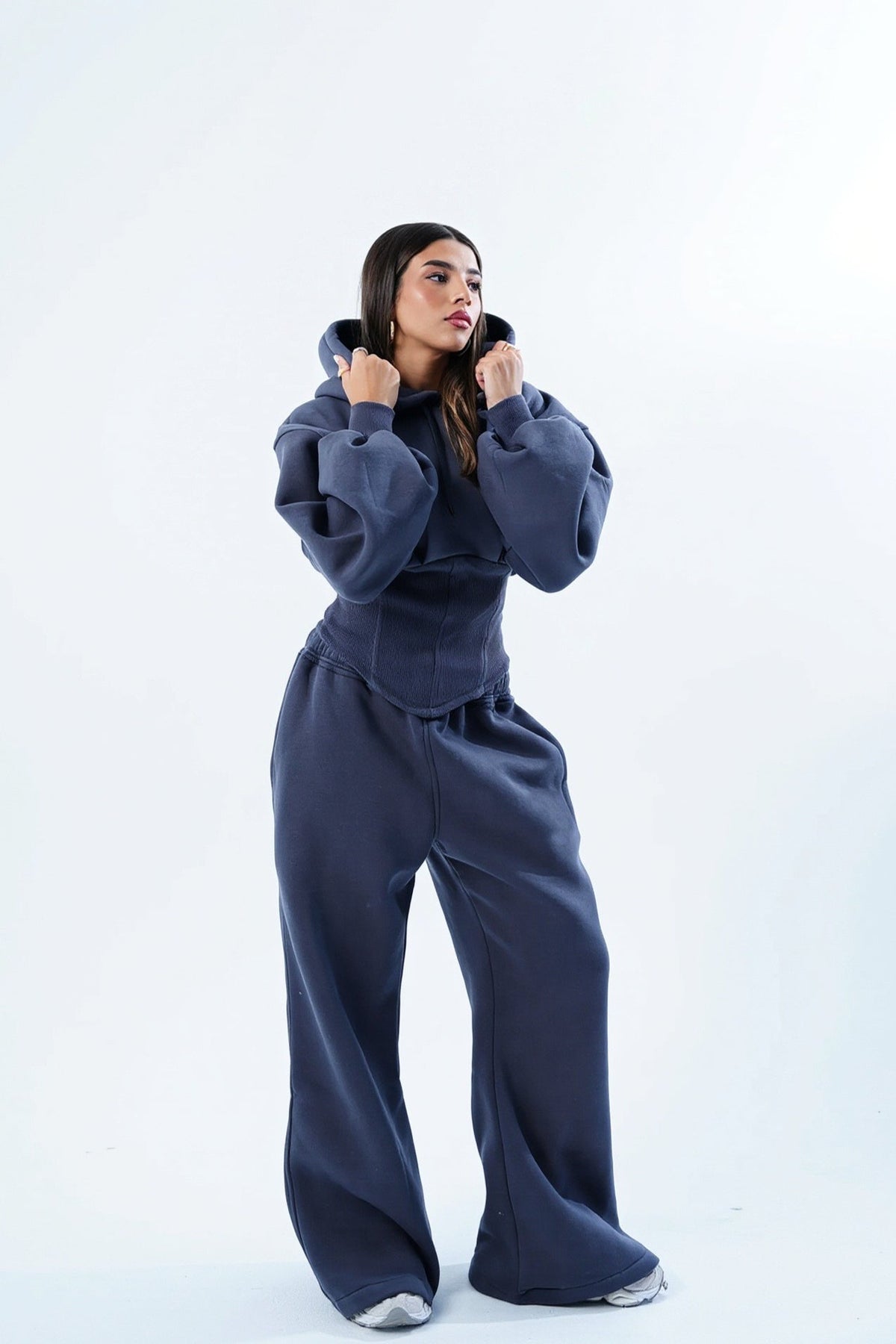 Corset Waist Zip Front Wide Leg Hoodie Two Piece Set