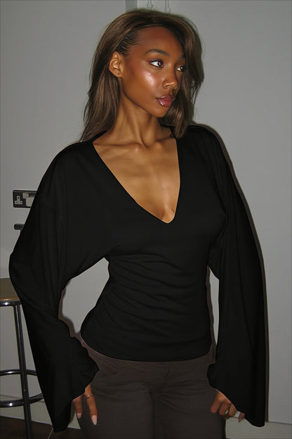 Draped V Neck Flared Sleeve Long Sleeved T-shirts