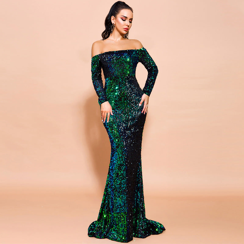 Sequins Party Dress With Strapless Long Sleeves Green / S