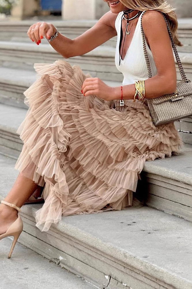 Tiered Sheer Mesh A-Line Maxi Skirt