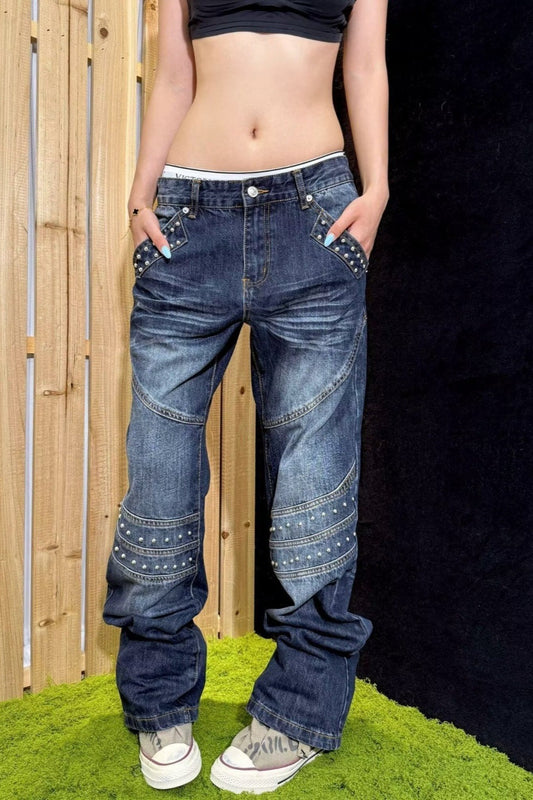 Rhinestone Washed Loose Straight Leg Jeans