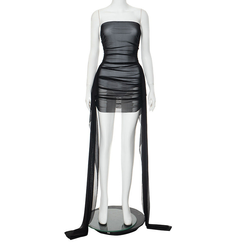 Mesh Ribbon Pleated Dress For Women Black / L