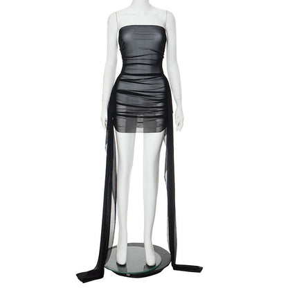 Mesh Ribbon Pleated Dress For Women Black / L