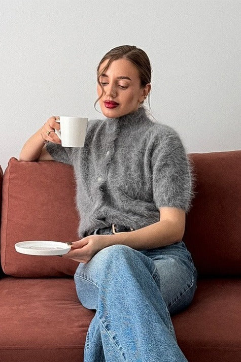 Fuzzy Short Sleeve Button Front Knit Sweater