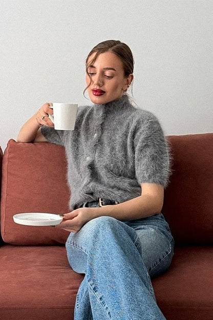 Fuzzy Short Sleeve Button Front Knit Sweater