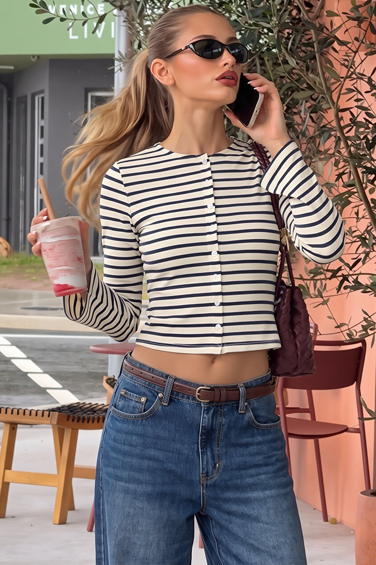 Striped Cropped Bell Sleeve Blouse