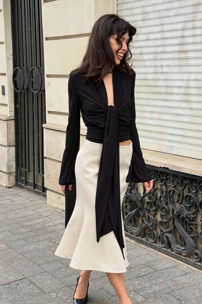 Tie Front Deep V Neck Blouse