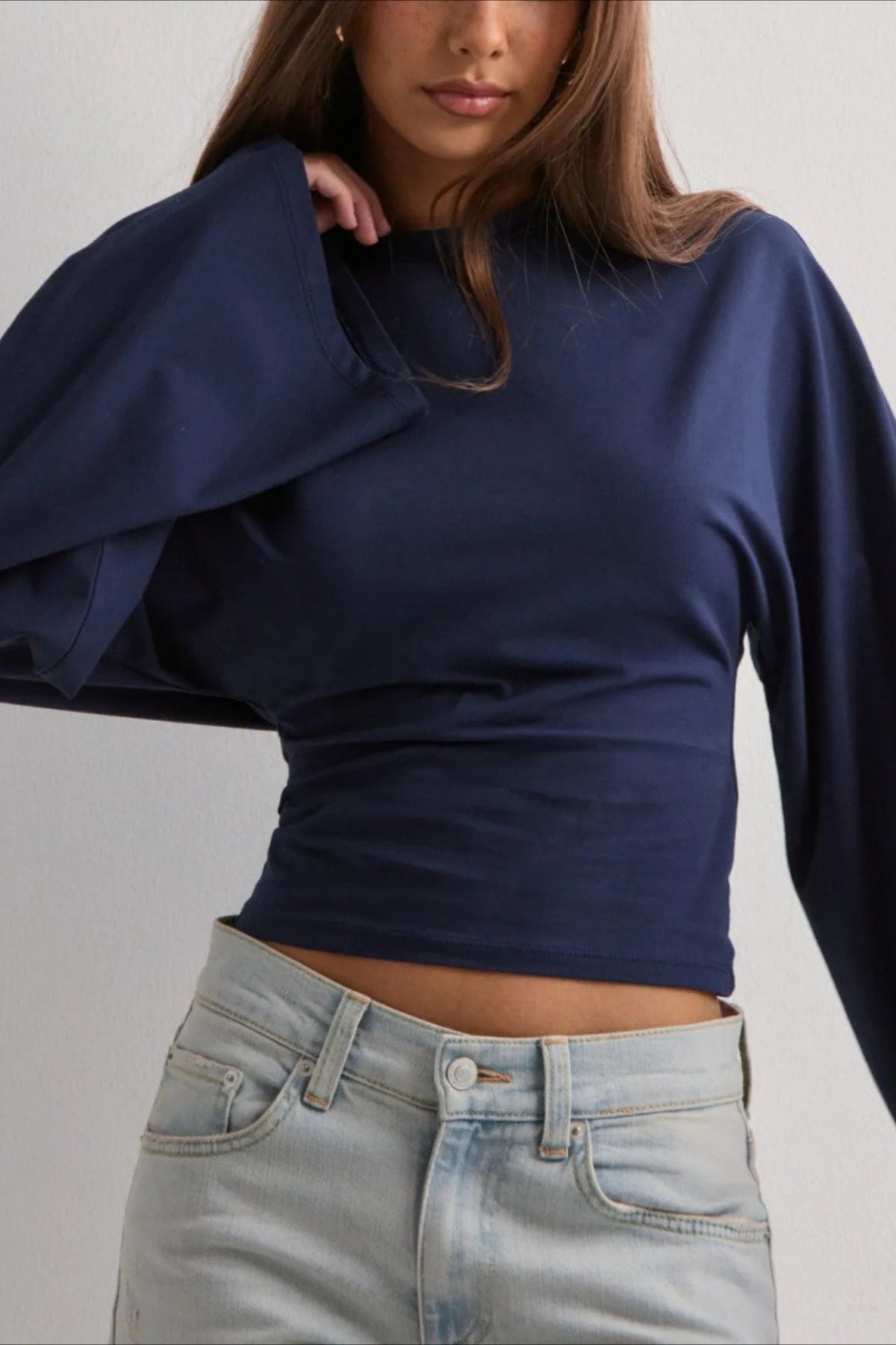 Cinched Waist Bell Sleeve Crew Neck Tee