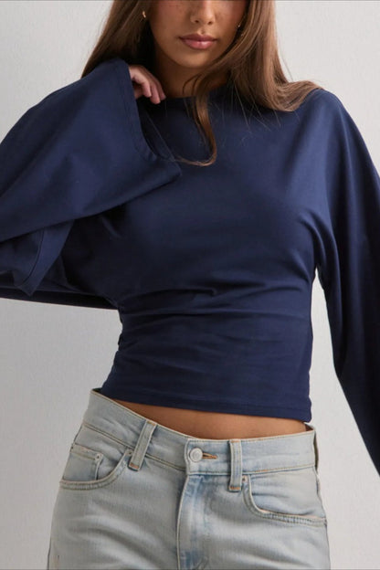 Cinched Waist Bell Sleeve Crew Neck Tee