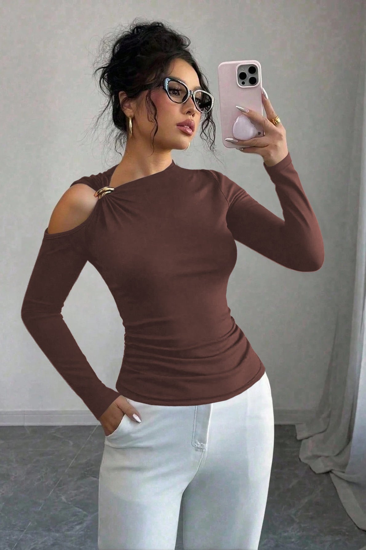 One Shoulder Metal Accent Cutout Top